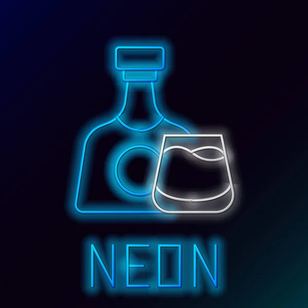 Gloeiende neon lijn Whiskey fles en glas pictogram geïsoleerd op zwarte achtergrond. Kleurrijk concept. Vector — Stockvector