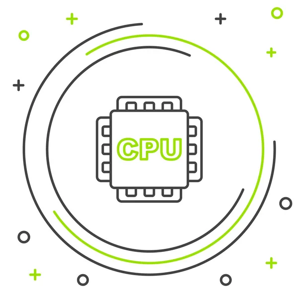 Processore di linea Computer con microcircuiti icona CPU isolato su sfondo bianco. Chip o cpu con circuito stampato. Microprocessore. Concetto di contorno colorato. Vettore — Vettoriale Stock