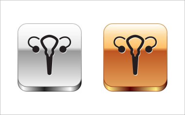 Siyah Kadın üreme sistemi simgesi beyaz arkaplanda izole edildi. Anatomi. Jinekoloji. Kadın sağlığı. Gümüş ve altın kare düğmeler. Vektör