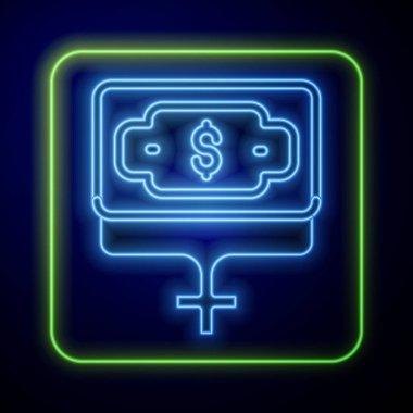 Parlayan neon para büyüyen kadın simgesi mavi arka planda izole edildi. Gelir kavramı. İş büyümesi. Yatırım, tasarruf ve para yönetimi. Vektör