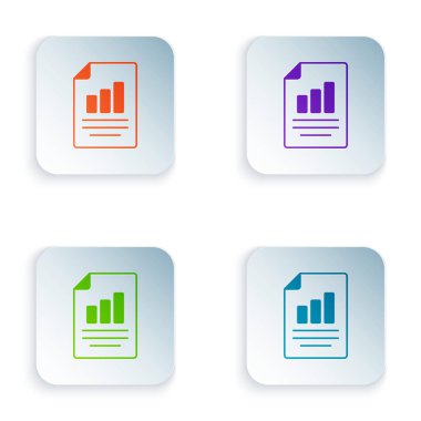 Beyaz arkaplanda izole edilmiş grafik grafik simgesine sahip renk belgesi. Metin dosya simgesini rapor et. Muhasebe tabelası. Denetim, analiz, planlama. Kare düğmelere renkli simgeleri yerleştir. Vektör