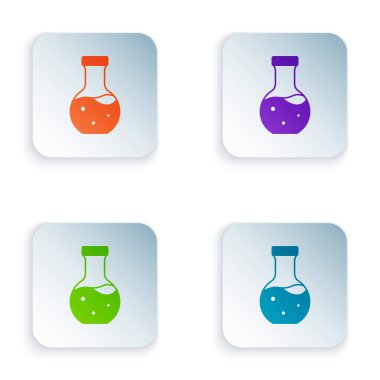 Renkli test tüpü ve beyaz arkaplanda izole edilmiş kimyasal test ikonu. Laboratuvar cam levhası. Kare düğmelere renkli simgeleri yerleştir. Vektör