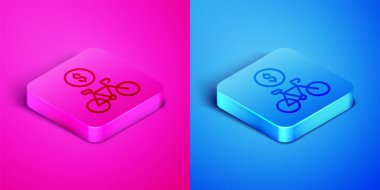 Pembe ve mavi arkaplanda izole edilmiş Isometric line Bisiklet Kiralama Mobil uygulama simgesi. Şehirde bisiklet kiralamak için iyi bir servis. Paylaşım sistemi için mobil uygulama. Kare düğmesi. Vektör
