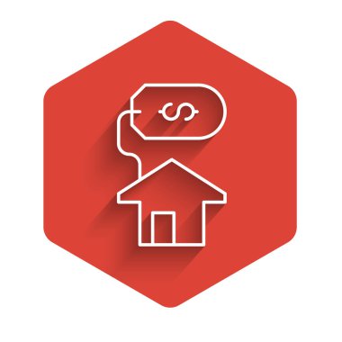 Dolar sembolü olan Beyaz Saray uzun gölgeli arka planda izole edilmiş. Ev ve para. Emlak konsepti. Kırmızı altıgen düğmesi. Vektör