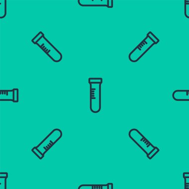 Mavi çizgi test tüpü ve matara kimyasal test ikonu yeşil arka planda izole edilmiş pürüzsüz desen. Laboratuvar cam levhası. Vektör