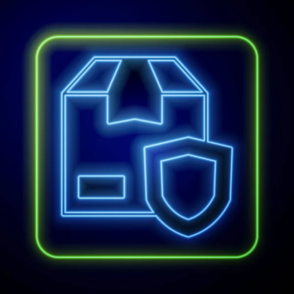 Neon incandescente Consegna sicurezza con icona scudo isolato su sfondo blu. Assicurazione di consegna. Scatole di cartone assicurate oltre lo scudo. Vettore — Vettoriale Stock