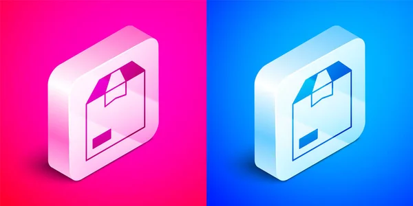 Isometrisches Kartonschachtel-Symbol isoliert auf rosa und blauem Hintergrund. Box, Paket, Paketschild. Lieferung und Verpackung. Silberner quadratischer Knopf. Vektor — Stockvektor