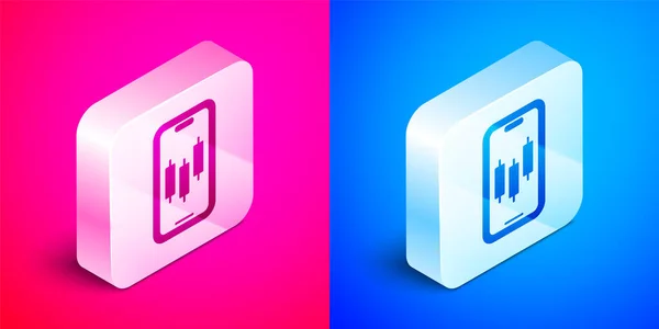 Isométrico Icono del concepto de comercio de acciones móvil aislado sobre fondo rosa y azul. Comercio en línea, análisis bursátil, negocios e inversiones. Botón cuadrado plateado. Vector — Vector de stock