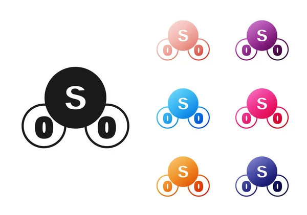 Ícone de molécula de gás de dióxido de enxofre preto SO2 isolado em fundo branco. Fórmula química estrutural e modelo de molécula. Definir ícones coloridos. Vetor —  Vetores de Stock