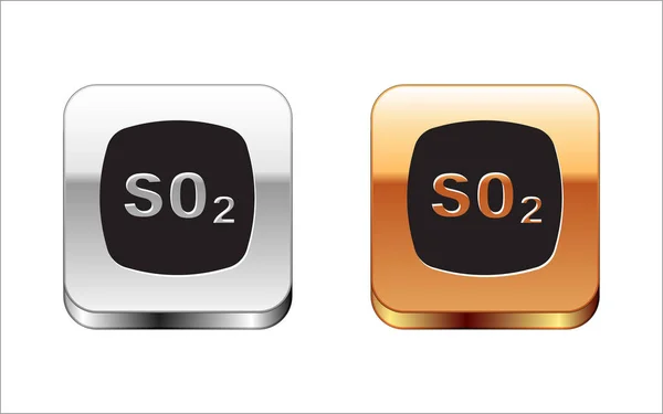Zwarte zwaveldioxide SO2 gasmolecuul pictogram geïsoleerd op witte achtergrond. Structurele chemische formule en molecuul model. Zilveren en gouden vierkante knopen. Vector — Stockvector