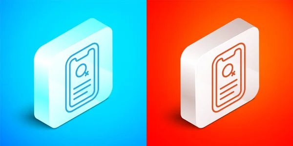 Isometric line Dating app online mobile concept icon isolated on blue and red background. Ženský profil plochý design. Pár zápasů pro vztah. Stříbrný knoflík. Vektor — Stockový vektor