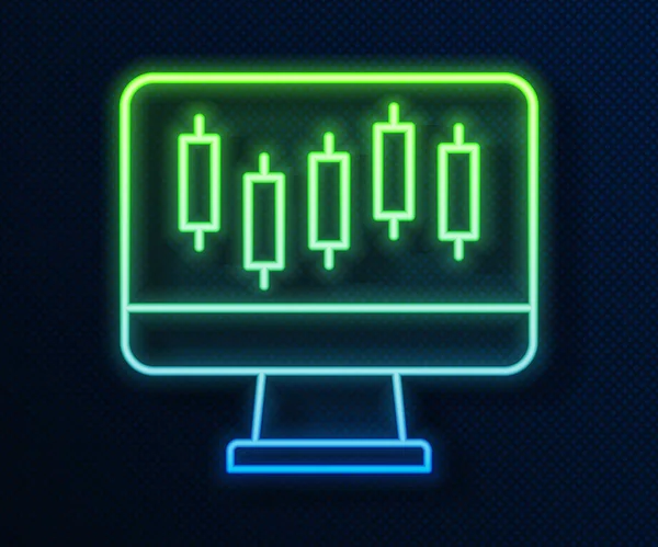 Leuchtende Leuchtschrift Computer mit Aktienmarktwachstumsdiagrammen und Geldsymbol isoliert auf blauem Hintergrund. Monitor mit Aktiendiagramm Pfeil auf dem Bildschirm. Vektor — Stockvektor