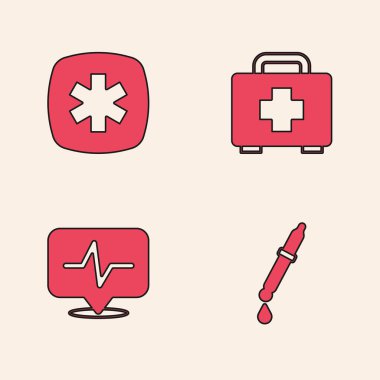 Pipette, Acil Durum - Yaşam Yıldızı, ilk yardım çantası ve kalp atış hızı ikonu. Vektör
