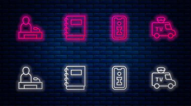 Satır Defteri, Bilgi, Televizyon Raporu ve TV Haber Arabası. Tuğla duvarda parlayan neon simgesi. Vektör