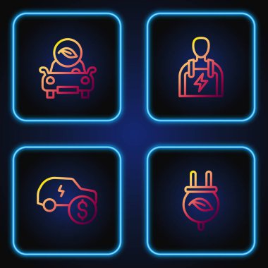 Elektrik tasarruf prizini yaprağa, araba fiyatına, Eko ve Araba tamircisine ayarla. Renk simgeleri. Vektör