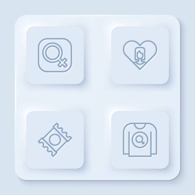 Hattı kadın cinsiyeti, kalbi kadın, prezervatifi paket ve feminist tişörtü. Beyaz kare düğme. Vektör