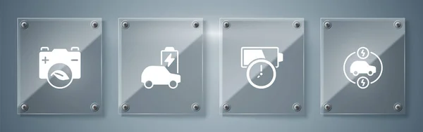 Definir carro elétrico, carga da bateria, e bateria folha natureza Eco. Painéis de vidro quadrados. Vetor —  Vetores de Stock