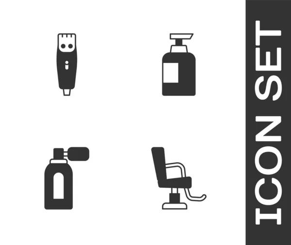 Set kappersstoel, tondeuse, aftershave met verstuiver en flesje shampoo icoon. Vector — Stockvector
