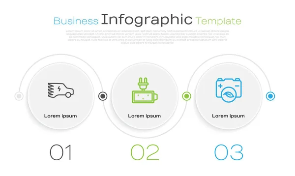Definir linha Carro elétrico, carga da bateria e bateria folha natureza Eco. Modelo de infográfico de negócios. Vetor — Vetor de Stock