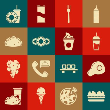 Sandviç, çırpılmış yumurta, pipet, çatal, tatlı jöleli limonata, taco tortilla, karton cam çörek ve karton kutu ikon. Vektör
