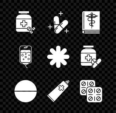 İlaç şişesi ve haplar, ya da tablet, tıp kitabı, krem tüpü ilacı, haplar, serum torbası ve Cross hastanesinin tıbbi ikonu. Vektör