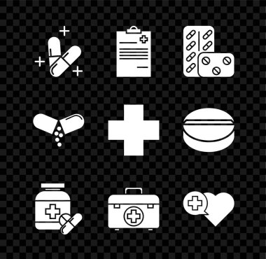 İlaç hapı ya da tablet, klinik kaydı olan tıbbi pano, ilaç paketi, şişe ve haplar, ilk yardım kiti, kalp haçı ve Cross hastanesinin tıbbi ikonu. Vektör