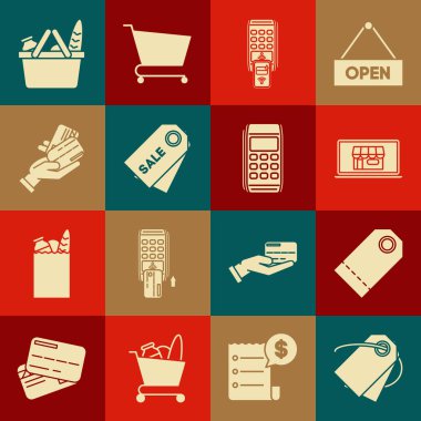 Boş etiket şablon fiyat etiketi, basılı alıcı ile POS terminali ayarlayın ve ödemeyi akıllı telefon, Price yazıt satışı, insan eli kredi kartı, sepet yiyecek ve Pos simgesi ile onaylayın. Vektör