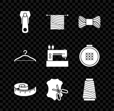 Fermuar, örgü, dikiş ipliği, bant ölçüsü, makas ve deri, elbise askısı ve makine simgesi. Vektör