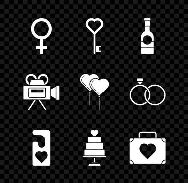 Kadın cinsiyet sembolünü ayarlayın, kalp şeklinde anahtar, şampanya şişesi, lütfen rahatsız etmeyin, düğün pastası, seyahat çantası, sinema kamerası ve kurdele ikonu şeklinde balonlar. Vektör