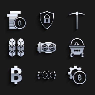 Madencilik çiftliği, kripto para birimi bitcoin çemberi mikroçip devresi, Bitcoin, alışveriş sepeti, engelleme zinciri teknolojisi, kazma ve ikon. Vektör