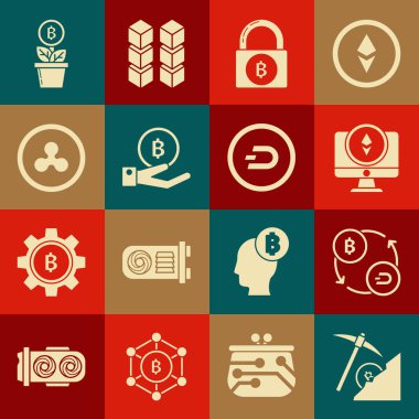 Kripto para birimi bulut madenciliği, döviz, monitör ve bozuk para Ethereum ETH, Bitcoin ile kilit, Bitcoin ile el ele, XRP, bitki saksısı ve Dash simgesi ayarla. Vektör
