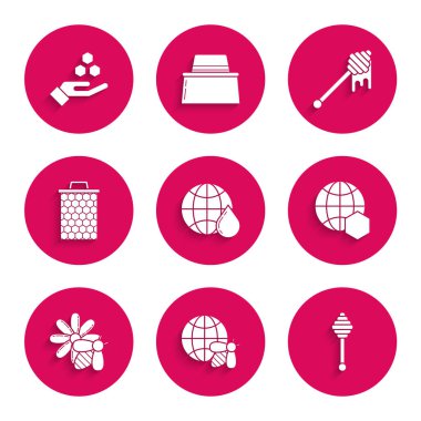 Dünyanın bal peteği haritasını hazırla, ve arı, dipper stick, arı çiçeği, damlayan bal ve el ikonu ile. Vektör