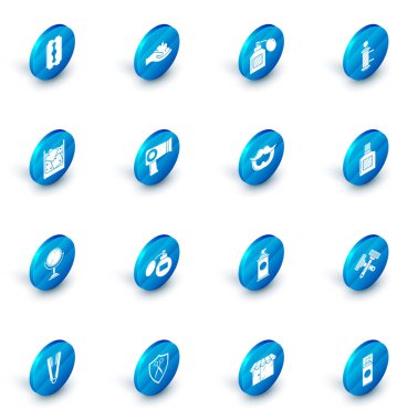 Traş köpüğü, tıraş losyonu, klasik berber dükkanı direği, bir bardak buzlu viski, el aynası, saç kurutma makinesi ve bıyık sakalı ikonu. Vektör