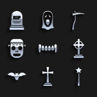 Vampir dişleri, haçlı Tombstone sihirli değnek, uçan yarasa, Zombi maskesi, Tırpan ve RIP ikonu. Vektör