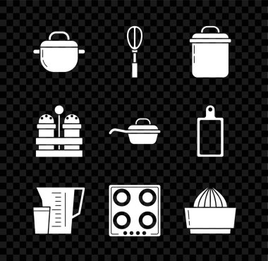 Yemek pişirme kabı, mutfak çırpıcısı, ölçü kabı, gaz sobası, meyve sıkacağı, tuzluk, biber ve kızartma tavası ikonu. Vektör
