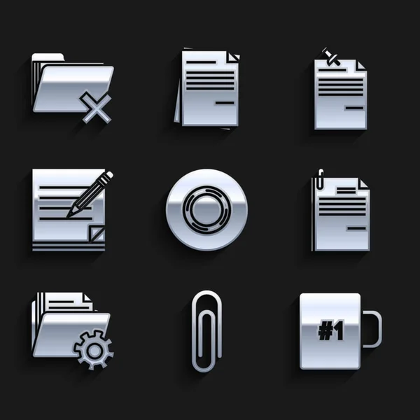 Scotch, Paper clip, Coffee cup, File document and paper, Folder set with gears, Blank notebook pencil eraser, Note pinned pushbutton, Delete folder icon. Vector — 스톡 벡터