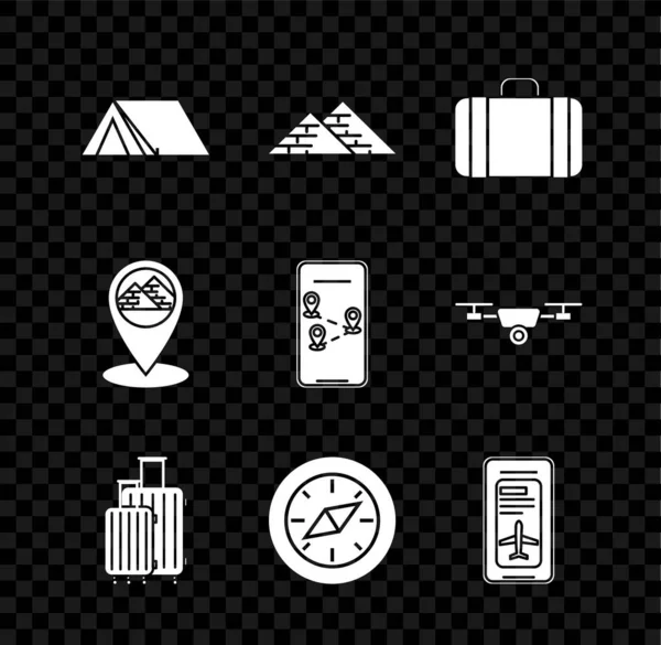 Set Turista sátor, Egyiptom piramisok, Bőrönd az utazás, Iránytű, Okostelefon elektronikus beszállás repülőjegy, Térkép mutató és Infographic a város térkép navigációs ikon. Vektor — Stock Vector