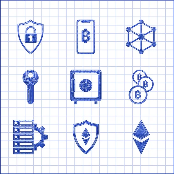 Set Caja Fuerte, Escudo Ethereum ETH, Criptomoneda moneda, Bitcoin, Servidor y engranaje, llave, tecnología Blockchain y seguridad con icono. Vector — Vector de stock