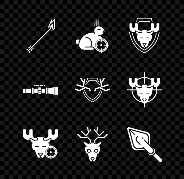 Set Flame arrow, Hunt on rabbit with crosshairs, Moose head shield, moose, Deer antlers, Hipster tip, Sniper optical sight and icon. Vector — Archivo Imágenes Vectoriales
