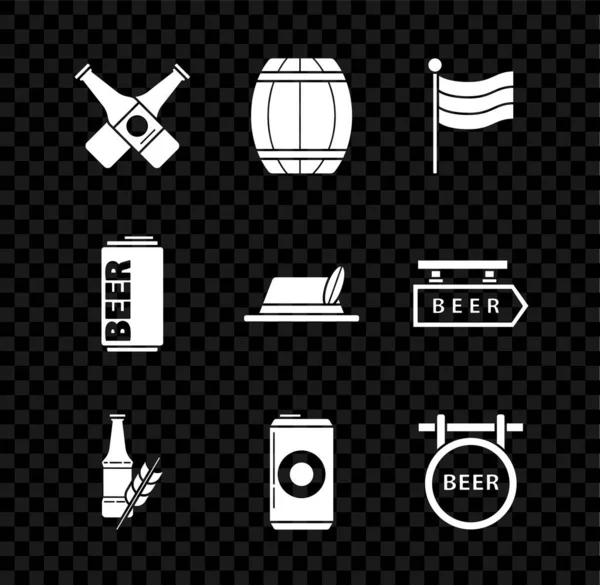 交差ビールボトル、木製の樽、ドイツ国旗、ビール、缶、碑文とストリート看板、オクトーバーフェストの帽子のアイコンを設定します。ベクトル — ストックベクタ