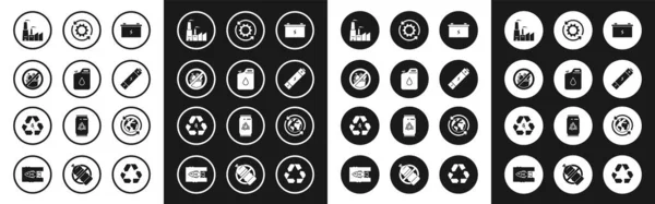 Set Autobatterie, Benzinkanister, kein Müll, Fabrik, Batterie, Solarzellen, Planet Erde und Recycling und Recycling-Symbol Blatt-Symbol. Vektor — Stockvektor