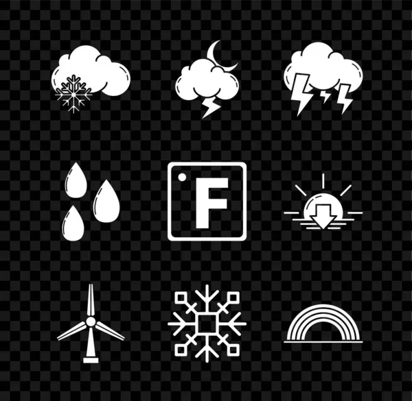 Set Cloud with snow, Storm, Wind turbine, Snowflake, Rainbow clouds, Water drop and Fahrenheit icon. Vektor — Stockový vektor