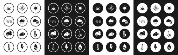 Güneş, Ay ve yağmurlu Bulut, Dalgalar, Günbatımı, Celsius Bulutu, Kar Tanesi, Termometre ve Kar Güneşi ikonu. Vektör — Stok Vektör