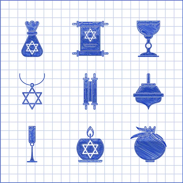 Set Torah scroll, Καμένο κερί στο κηροπήγιο με αστέρι του David, Ρόδι, Hanukkah dreidel, εβραϊκό κύπελλο, Star David κολιέ στην αλυσίδα, και εικονίδιο τσάντα χρήματα. Διάνυσμα — Διανυσματικό Αρχείο