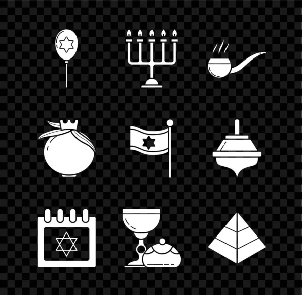 Set Luftballons mit Schleife mit Davidstern, Chanukka Menora, Rauchen Pfeife Rauch, Jüdischer Kalender, Kelch und Chanukka Sufganiyot, Ägypten Pyramiden, Granatapfel und Flagge Israel Symbol. Vektor — Stockvektor