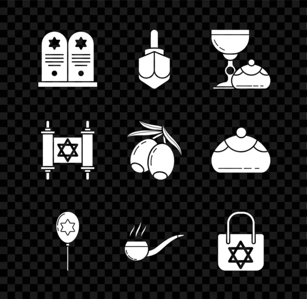 Set Tombstone con estrella de David, Hanukkah dreidel, copa judía y hanukkah sufganiyot, cinta globos, humo de pipa de fumar, bolsa de compras, pergamino de la Torá y el icono de la rama Aceitunas. Vector — Vector de stock