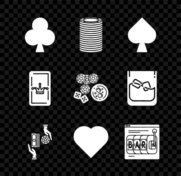 Jeu de cartes à jouer avec des clubs symbole, Casino jetons, pique, échange sur des piles de dollars, coeur, machine à sous en ligne, Joker jouer et jeu dés et verre de whisky glaçons icône. Vecteur — Image vectorielle