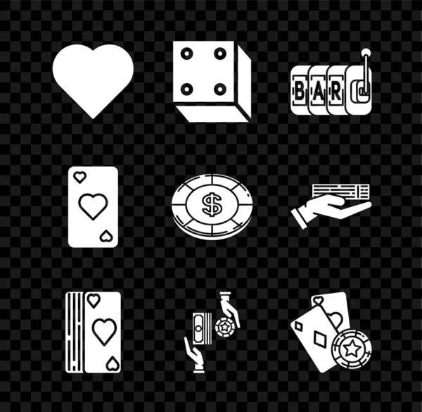 Set Playing card with heart symbol, Game dice, Slot machine, Deck of playing cards, Casino chips exchange on stacks dollars, and, and icon. Vetor — Vetor de Stock