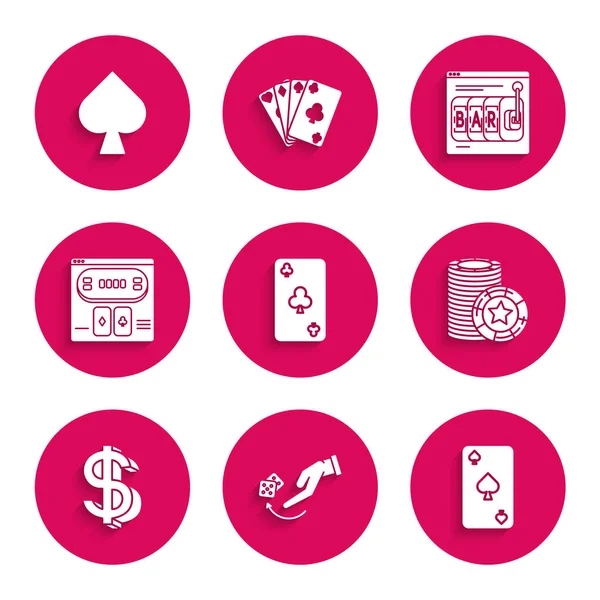 Set speelkaart met clubs symbool, Menselijke hand gooien spel dobbelstenen, schoppen, Casino chips, Dollar, Online pokertafel, gokautomaat en pictogram. Vector — Stockvector