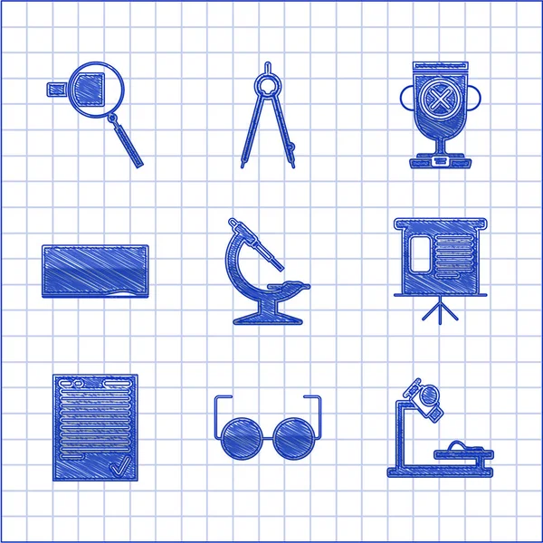 Definir microscópio, óculos, quadro financeiro de apresentação com gráfico, cronograma, gráfico, diagrama, infográfico, gráfico de torta, marca de verificação de folha de exame, quadro, copo de prêmio e ícone de lupa. Vetor — Vetor de Stock